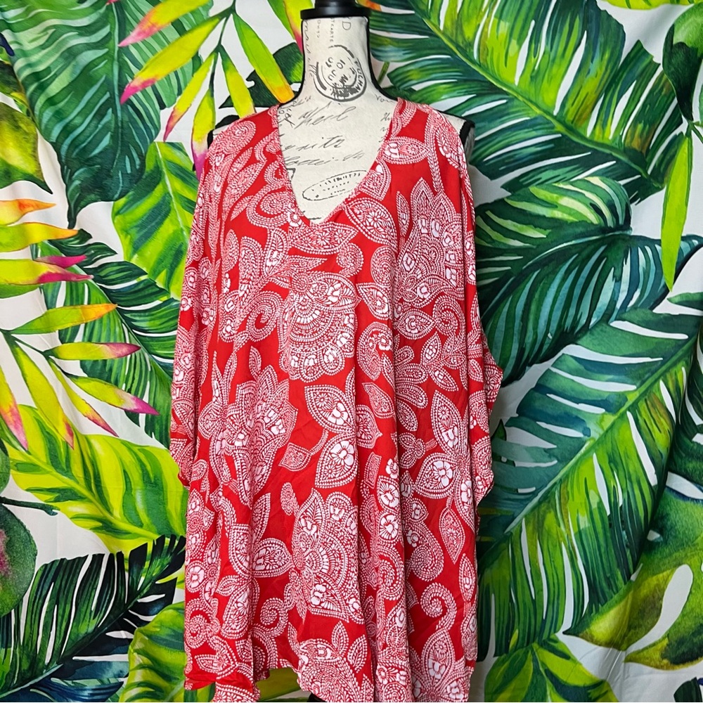 Show Me Your MuMu Red White Small Floral Hawaiian Cold Shoulder Summer Coverup